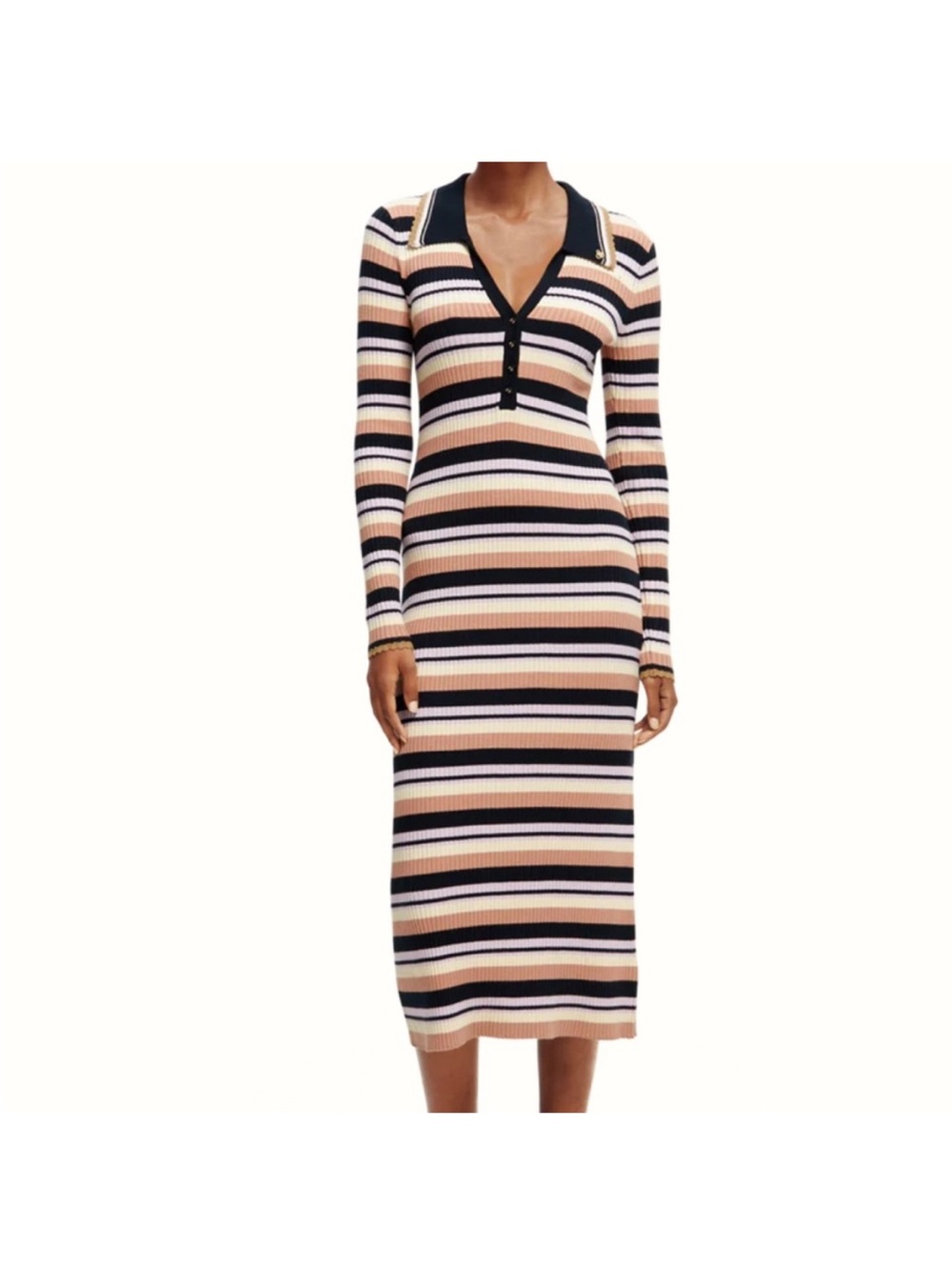 Scotch & Soda Long Sleeved Rib Knitted Striped Polo Midi Dress